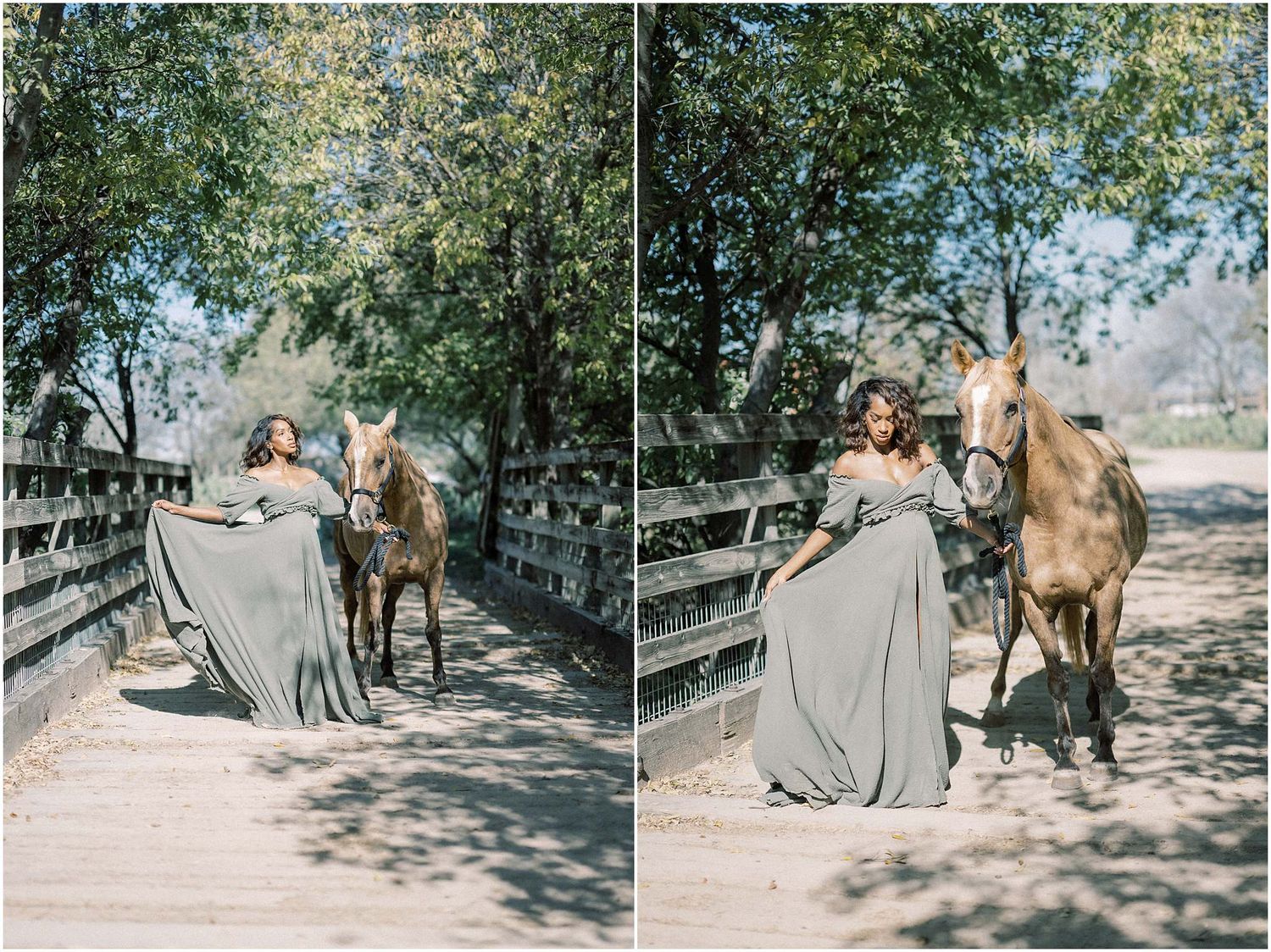 Multiple shots of a couple sharing tender moments with their horse in a wooded setting.