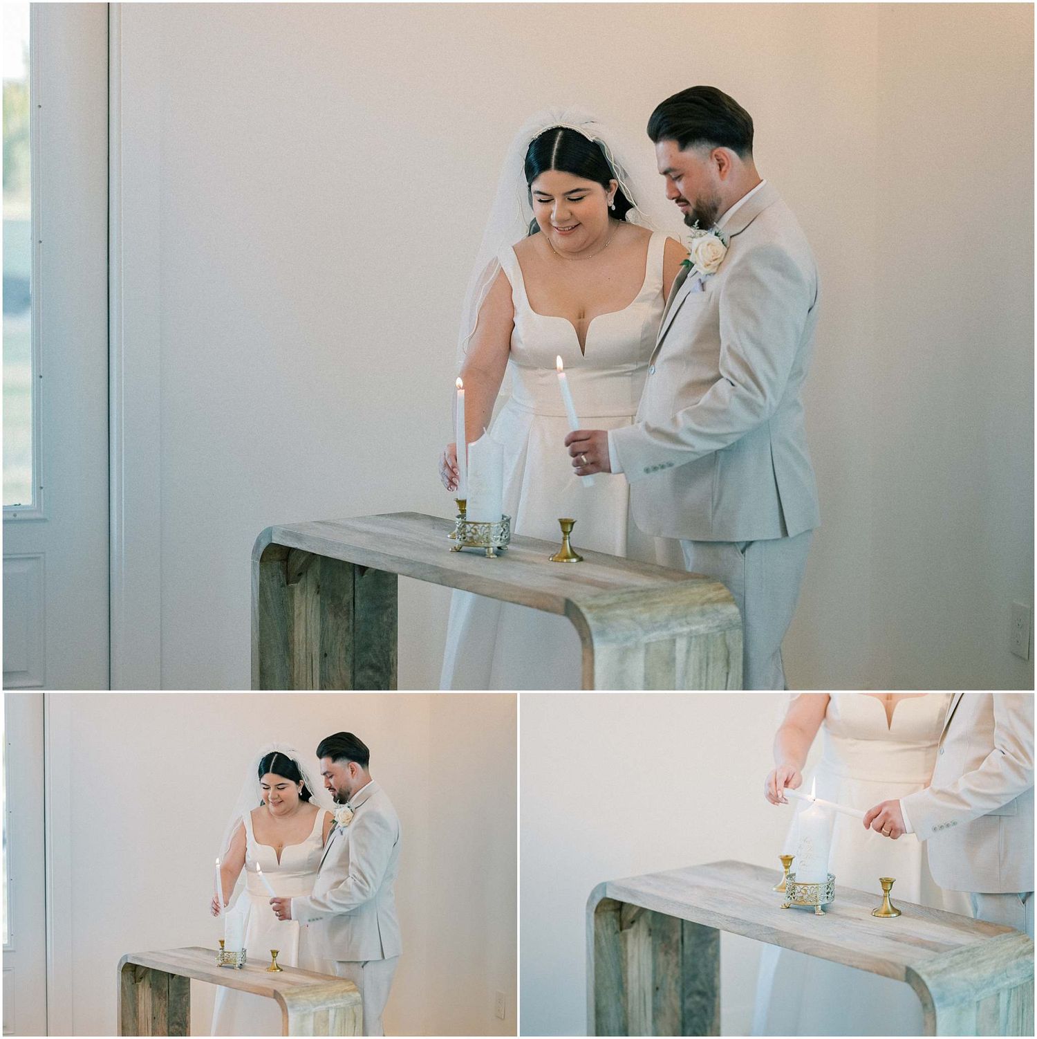 Couple shares intimate moment in front of large windows during wedding ceremony.