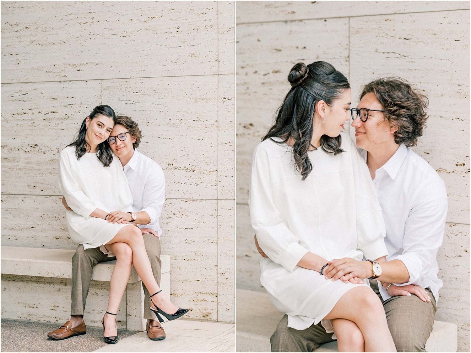 Series of intimate engagement photos showing couple sitting together on stone bench.