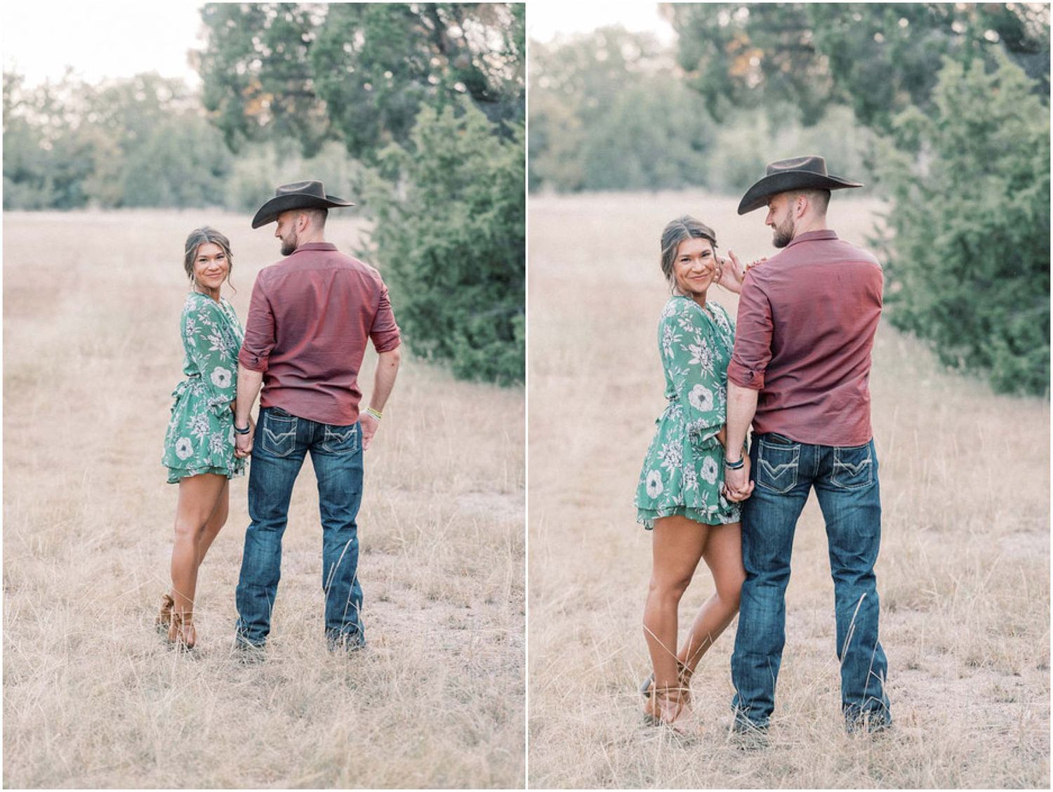 A couple explores a scenic field together during a warm afternoon.