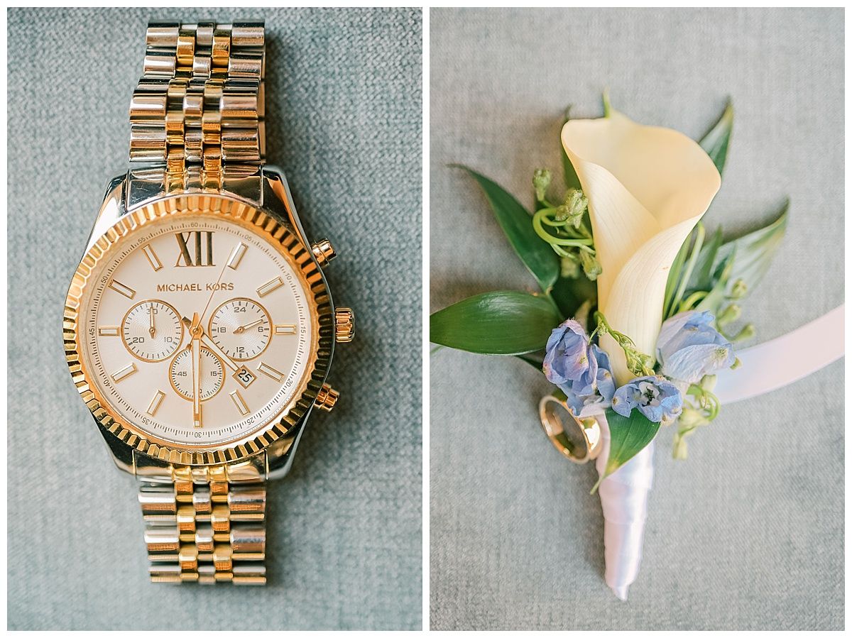 Gold luxury watches and delicate white floral boutonniere arrangements for a wedding.