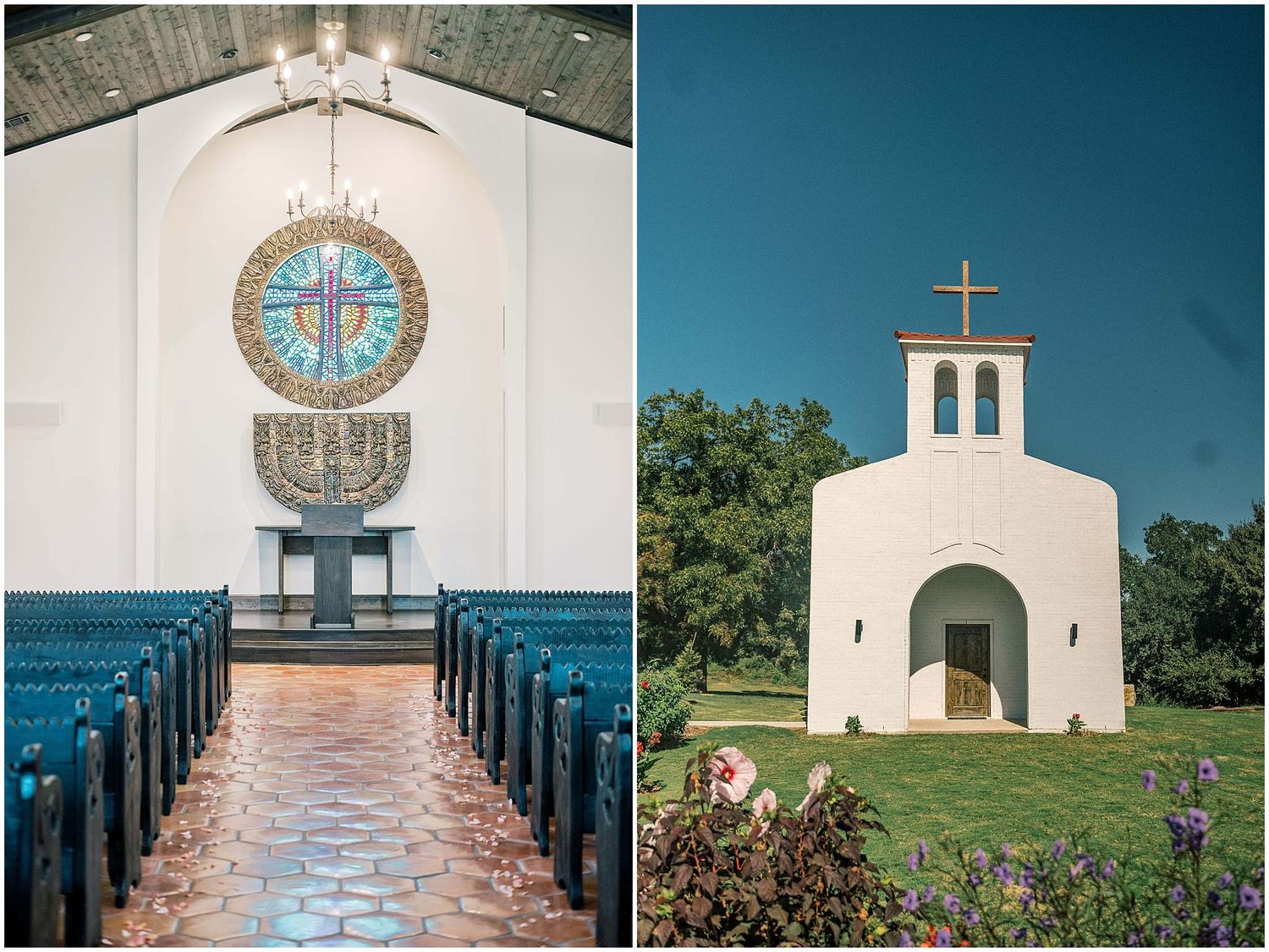 Exterior views of a white church building with cross and stained glass windows against blue sky.
