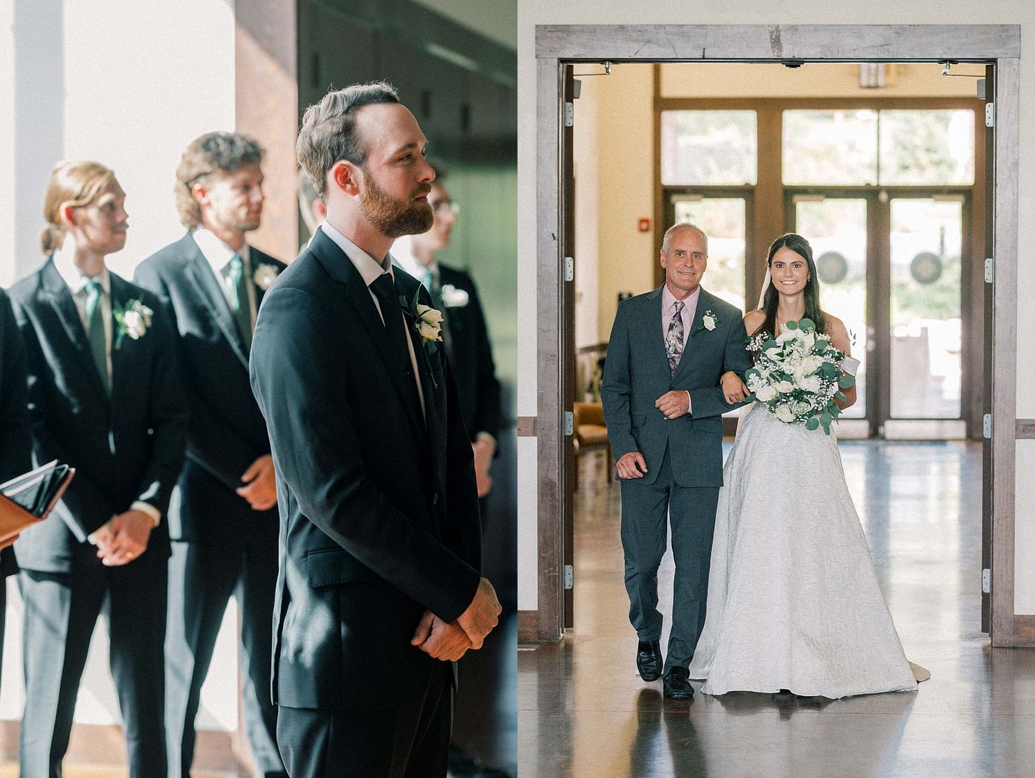 Wedding ceremony processional captured in modern venue with glass doors.