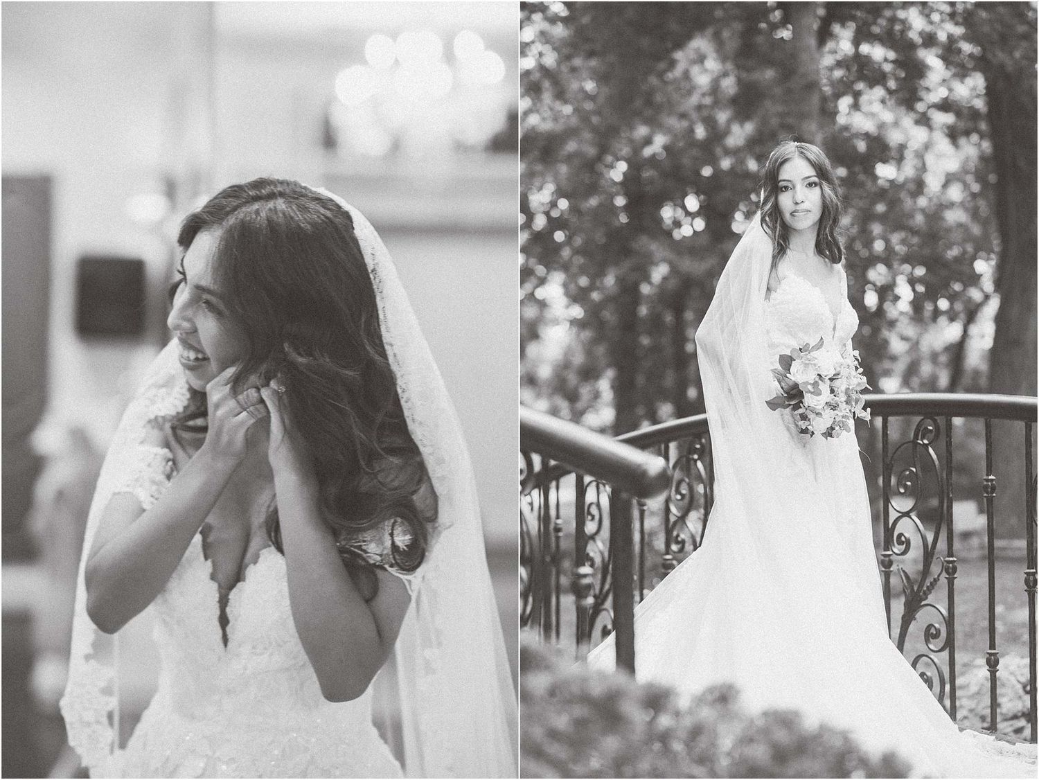 Black and white wedding photos capture ethereal bridal moments on vintage iron railing staircase.