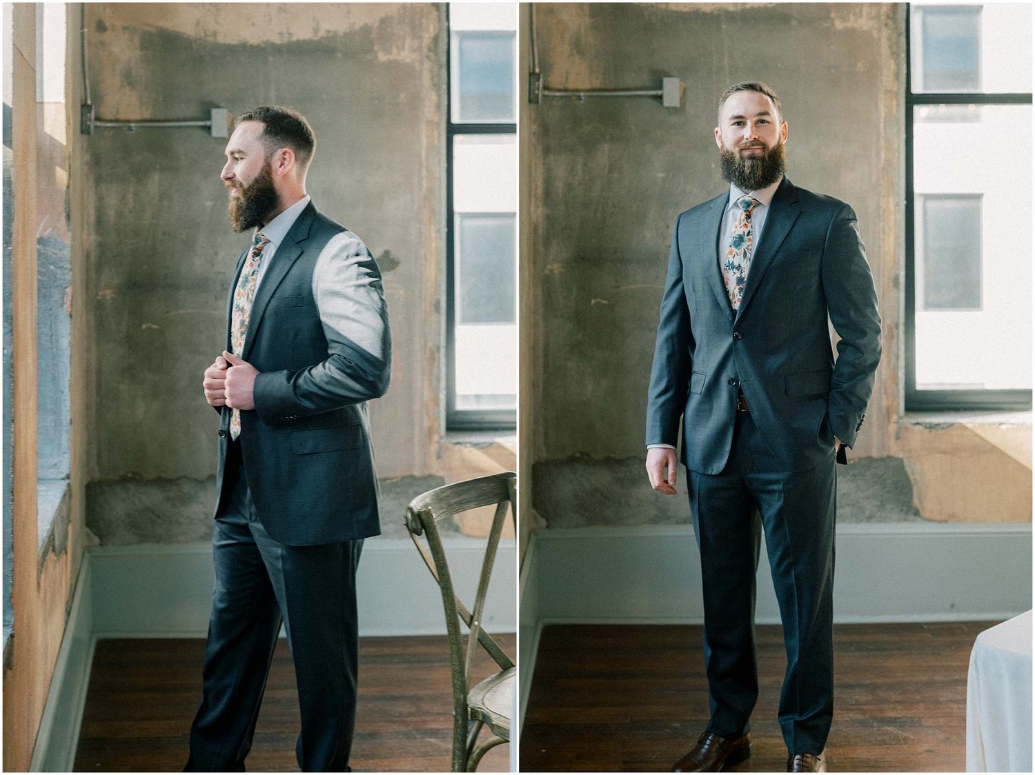 Groomsmen in navy suits prepare for a wedding in an industrial-style space.
