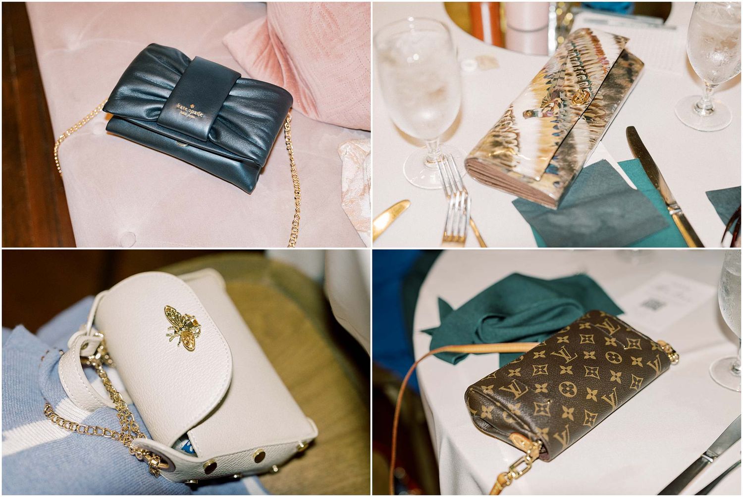 Wedding reception details including table settings, invitations, and decorative elements in teal and gold tones.