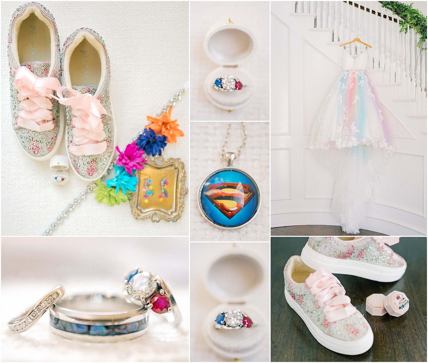 Wedding accessories including floral shoes, jewelry, and a pastel dress hanging against a white wall.