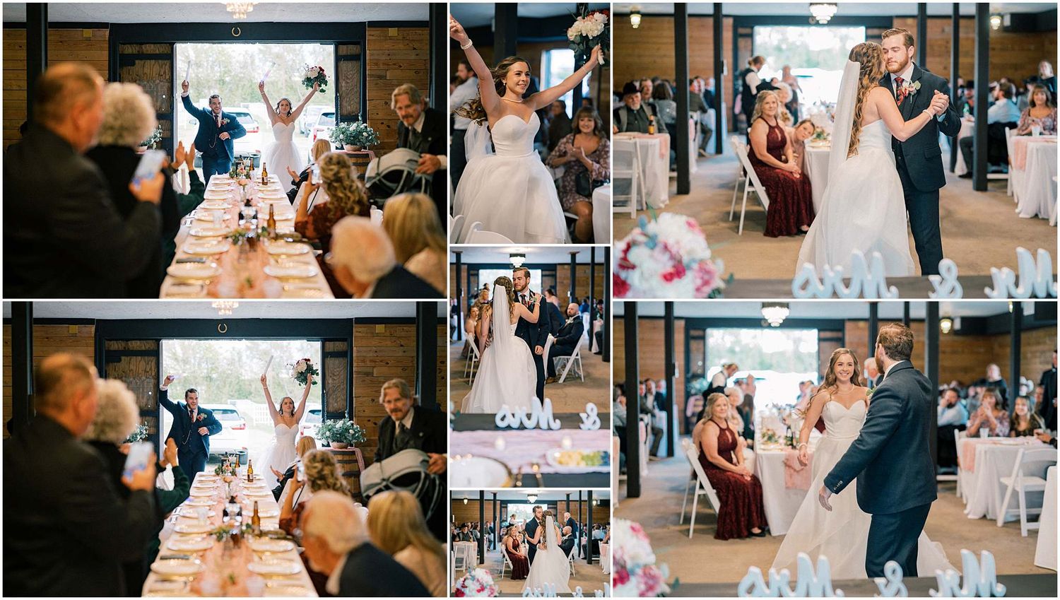 Collage of wedding reception moments showing dancing and celebration in an indoor venue.