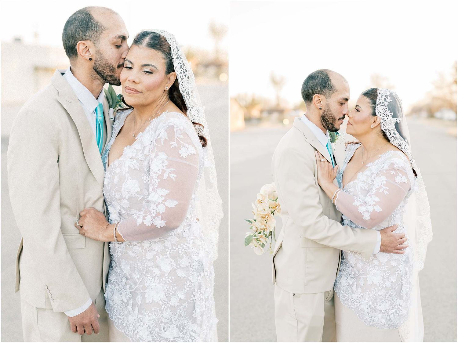 Romantic wedding portraits captured outdoors with soft natural lighting and delicate floral details.
