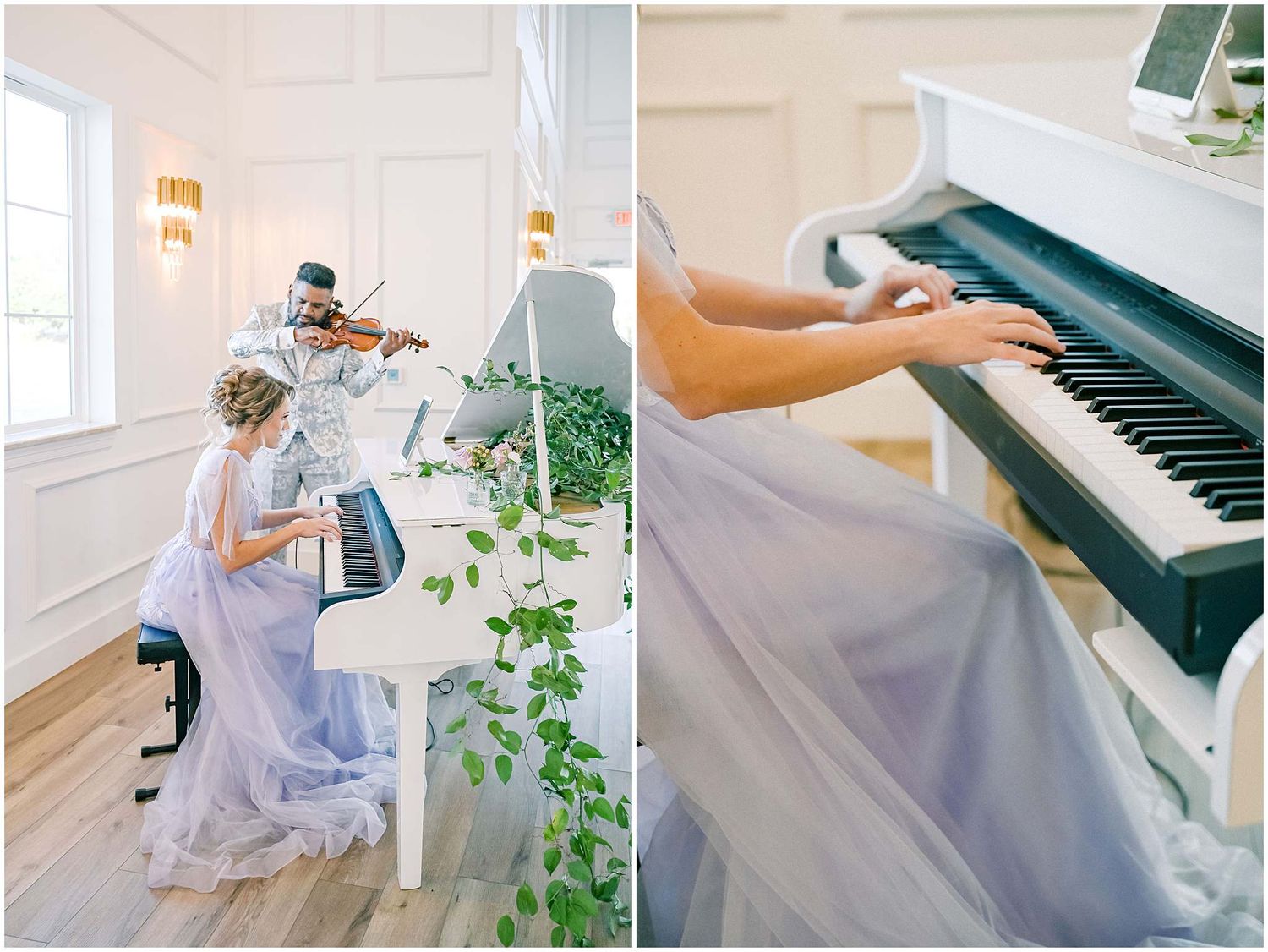 A light and airy scene with someone in a flowing dress playing piano near green plants in a bright white room.