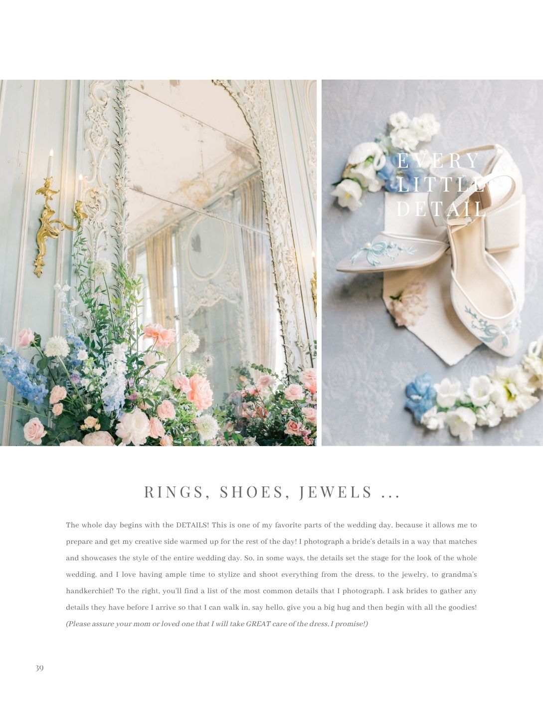 Elegant wedding flat lay featuring bridal shoes, jewelry, and floral arrangements in soft pink and blue tones.