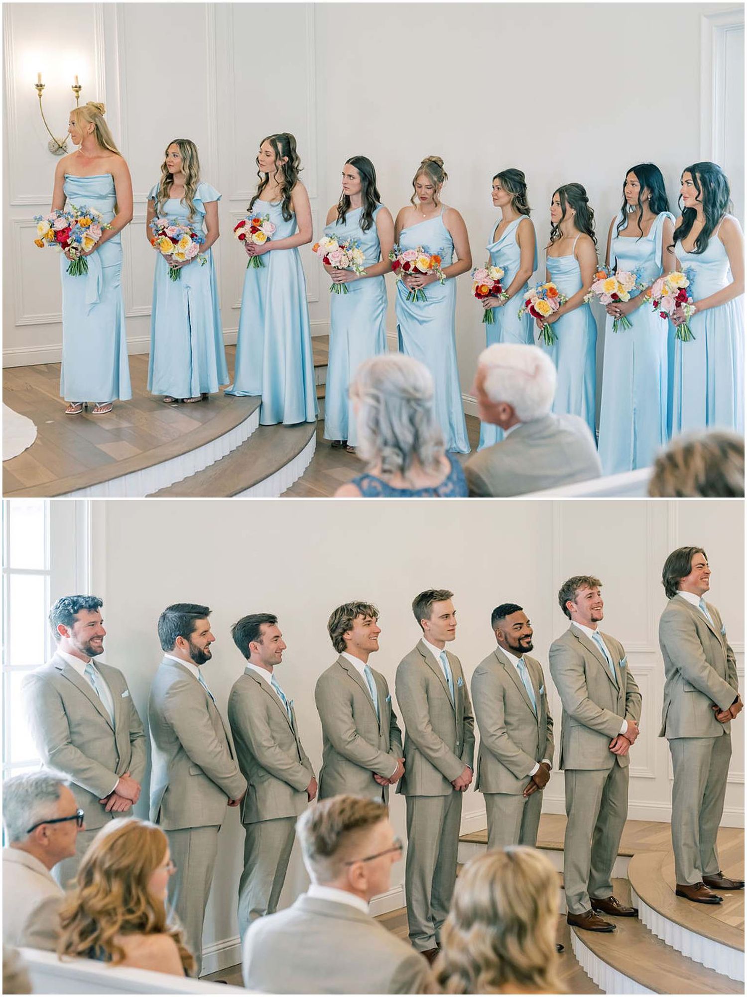 Bridesmaids in light blue gowns holding colorful bouquets stand alongside groomsmen in tan suits during a wedding ceremony.