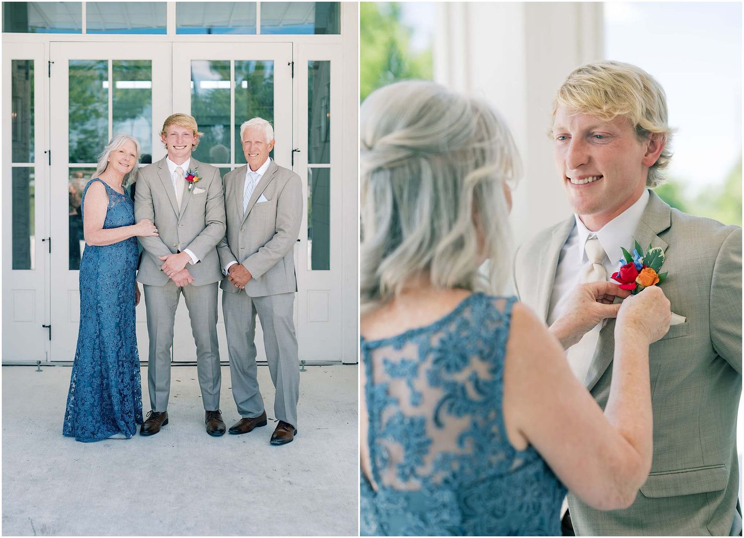 Family members in formal attire pin a colorful boutonniere on a smiling groom before a wedding ceremony.