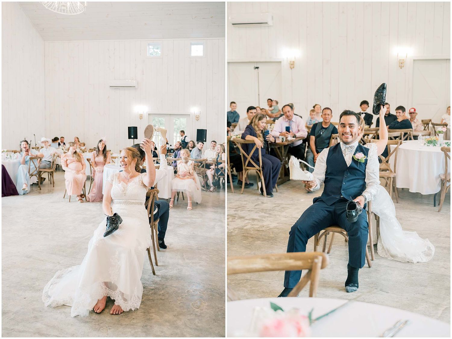 Wedding reception in a bright white venue with guests seated at decorated tables.