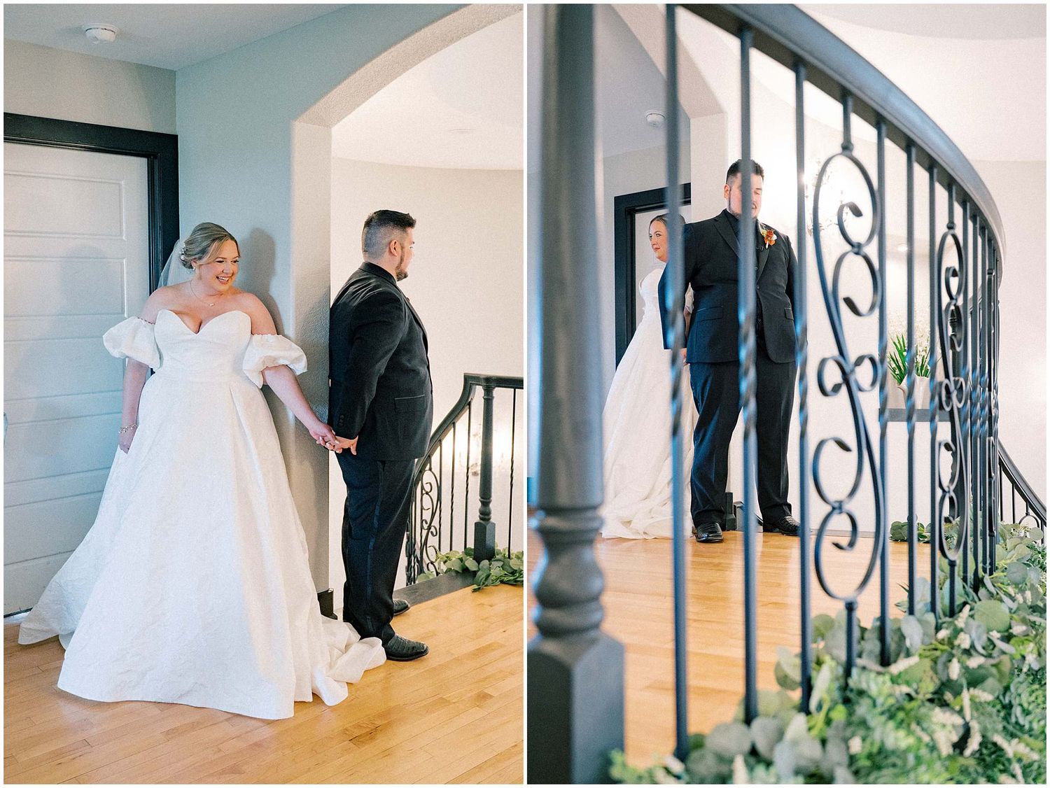 Wedding photos featuring a couple posing on an elegant staircase with wrought iron railings and greenery.
