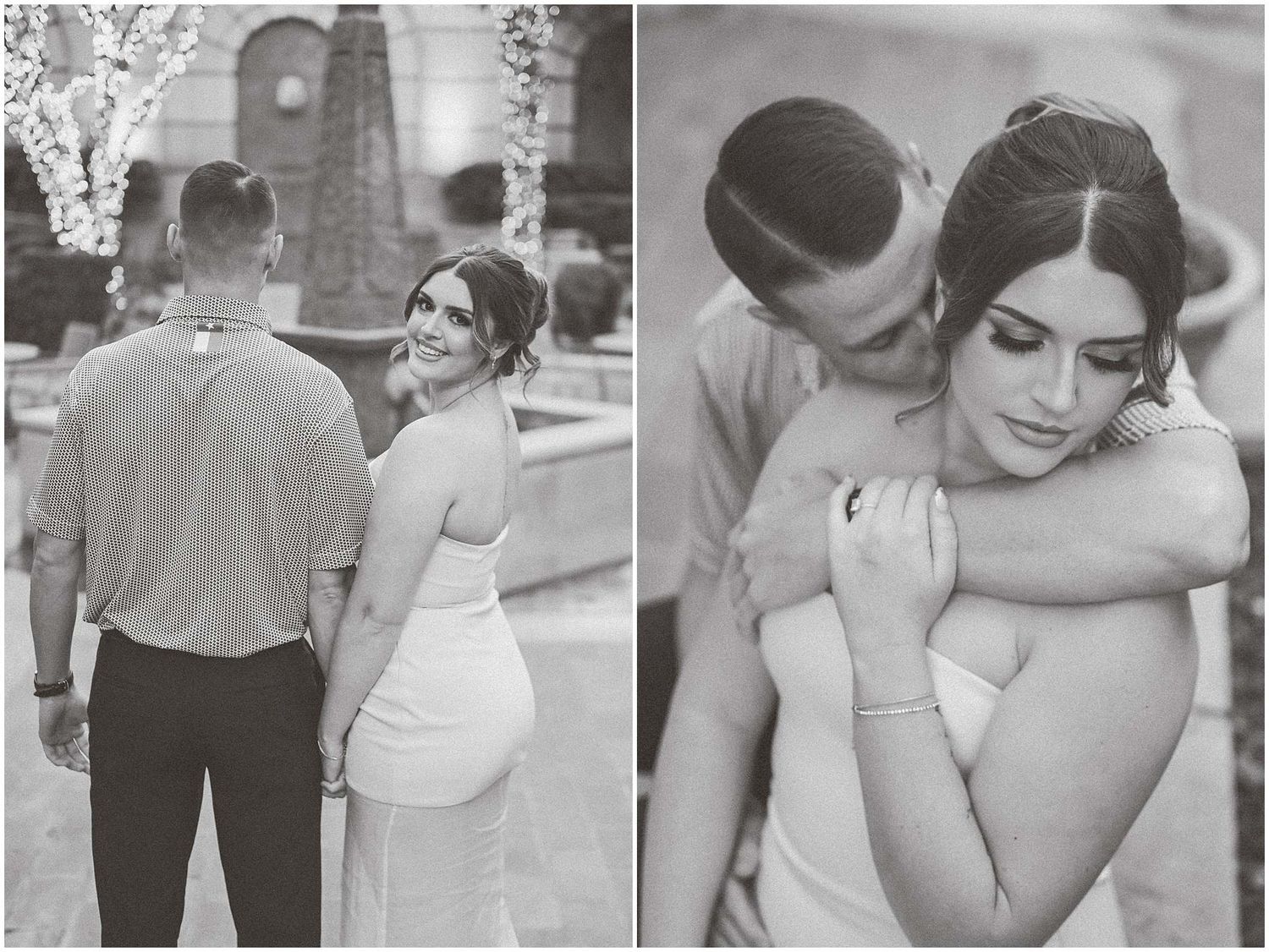 Two romantic black and white photos showing a tender moment between a couple in formal attire.