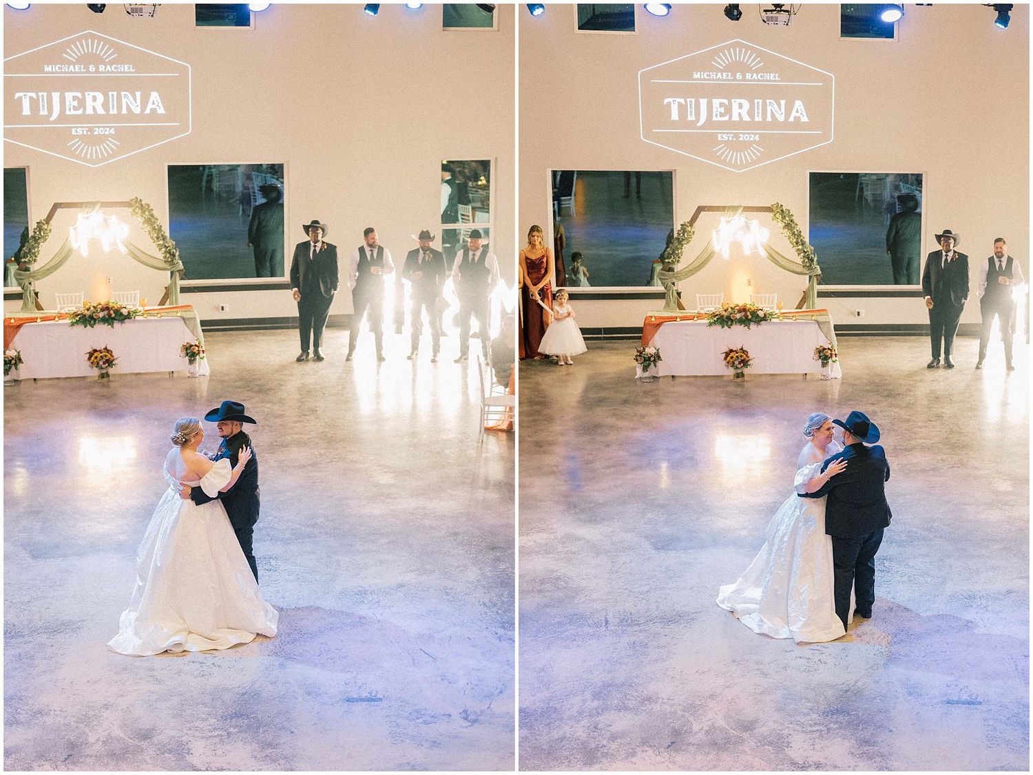 Two couples share a romantic dance moment on an elegant ballroom floor beneath a glowing Tijerina sign.