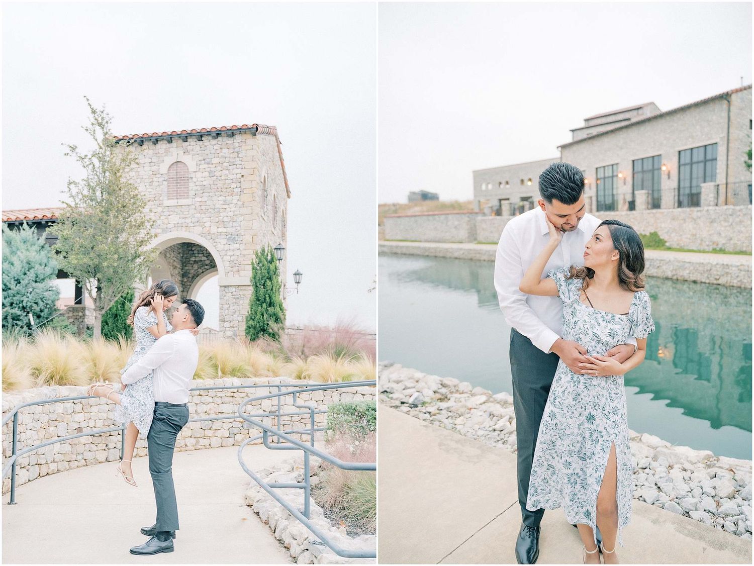 Romantic couple shares intimate moments along waterfront walkway with stone architecture.