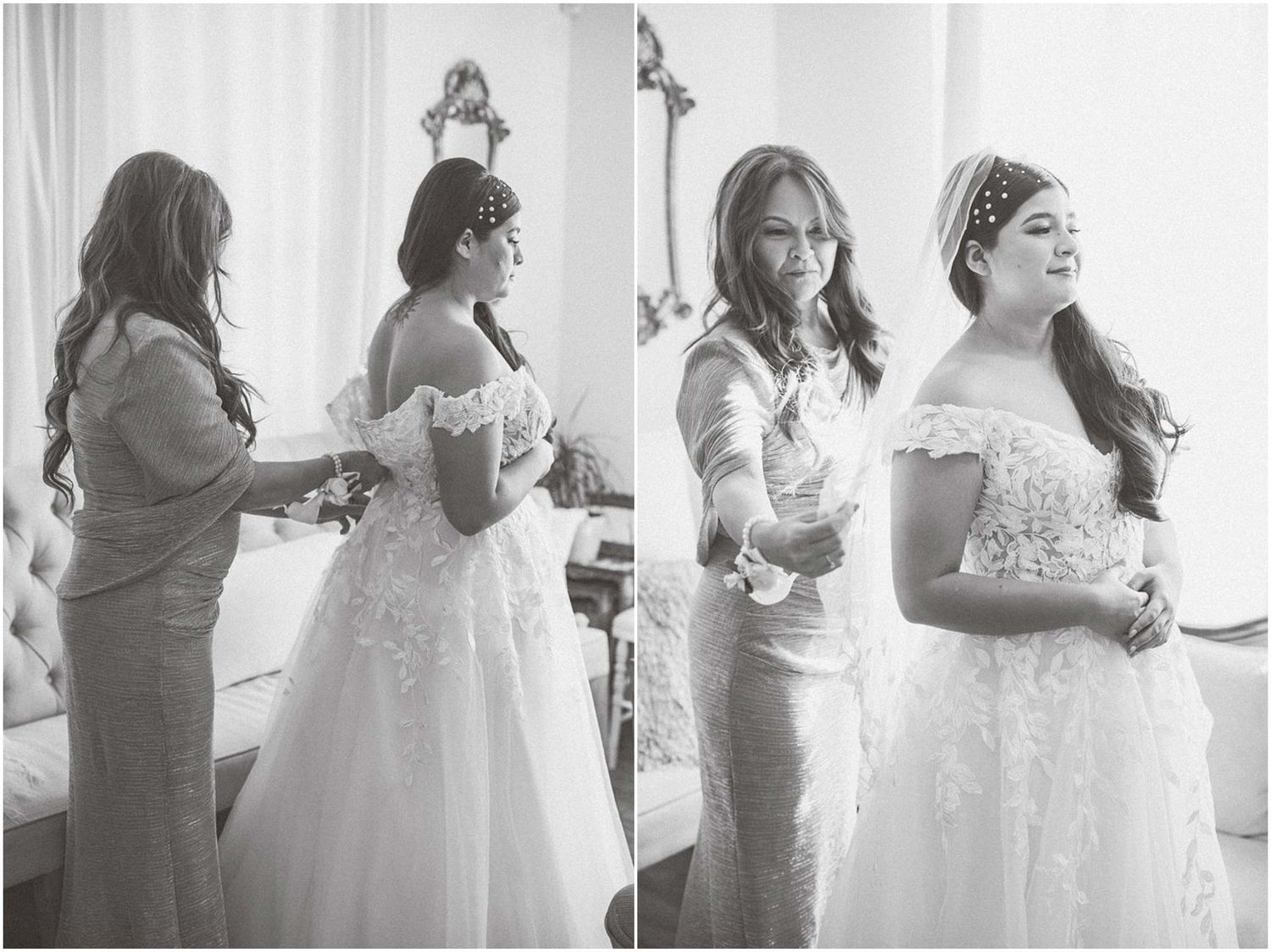 Black and white photo series showing a bride getting ready with help from others in a bright indoor space.