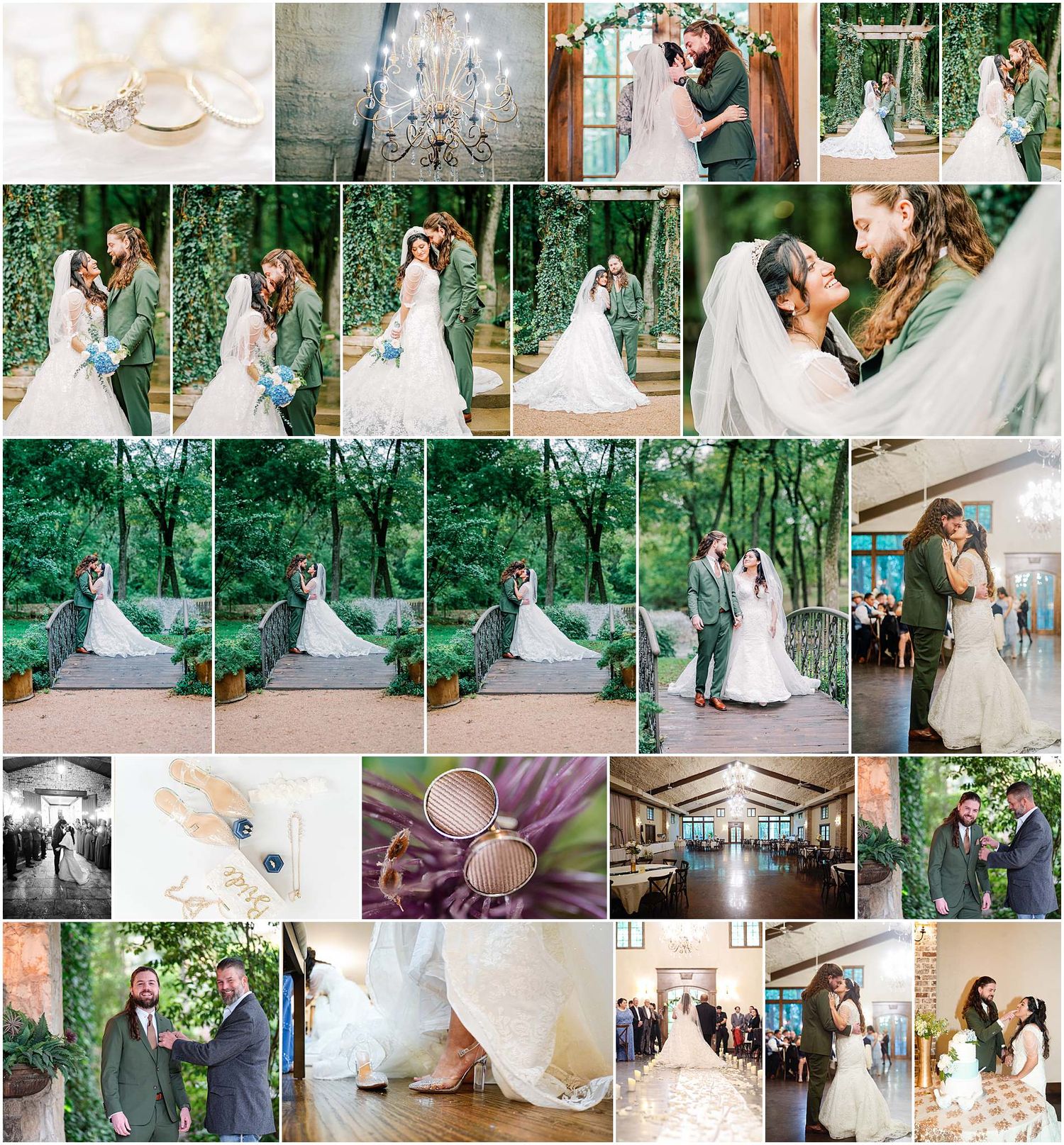 Romantic outdoor wedding collage featuring bride and groom portraits, ceremony details, floral rings, and elegant venue decorations.