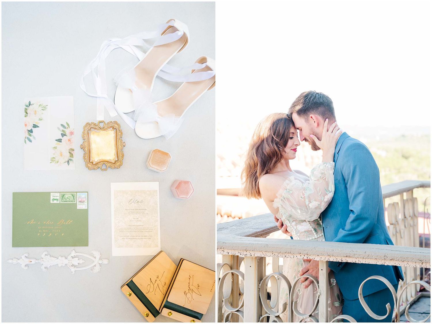 Artistic wedding detail shots featuring invitation suite and delicate paper elements in soft pastel tones.