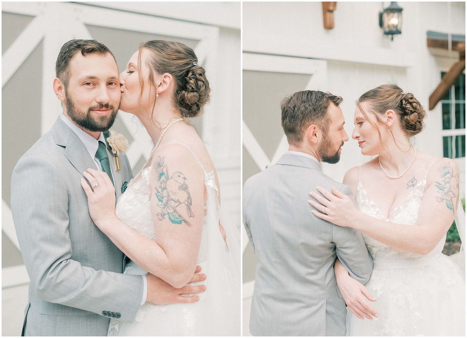 A romantic wedding photo series showing tender moments between newlyweds in light gray and white attire.