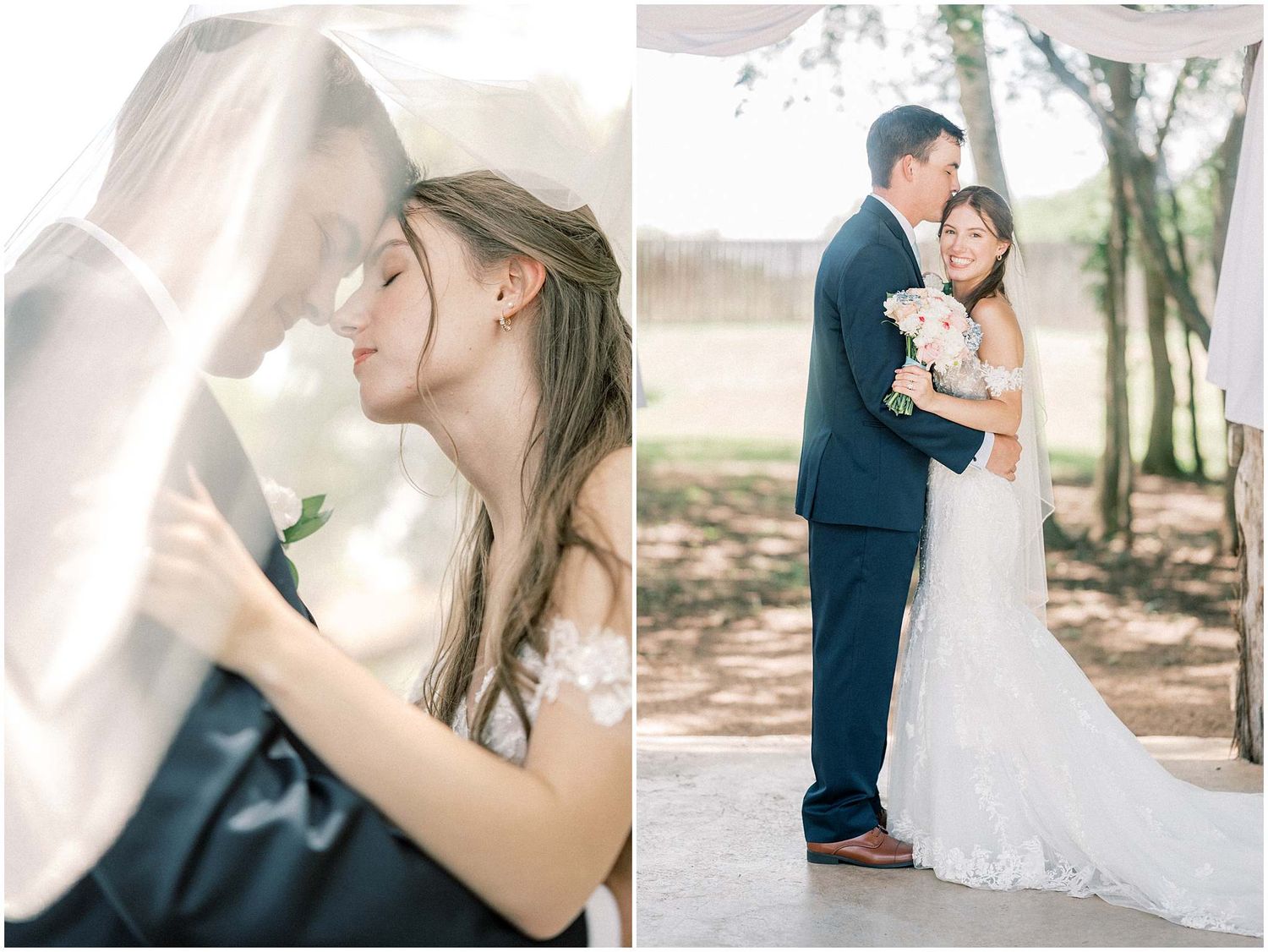 A romantic wedding photo collage showing intimate moments between a couple in formal attire outdoors.