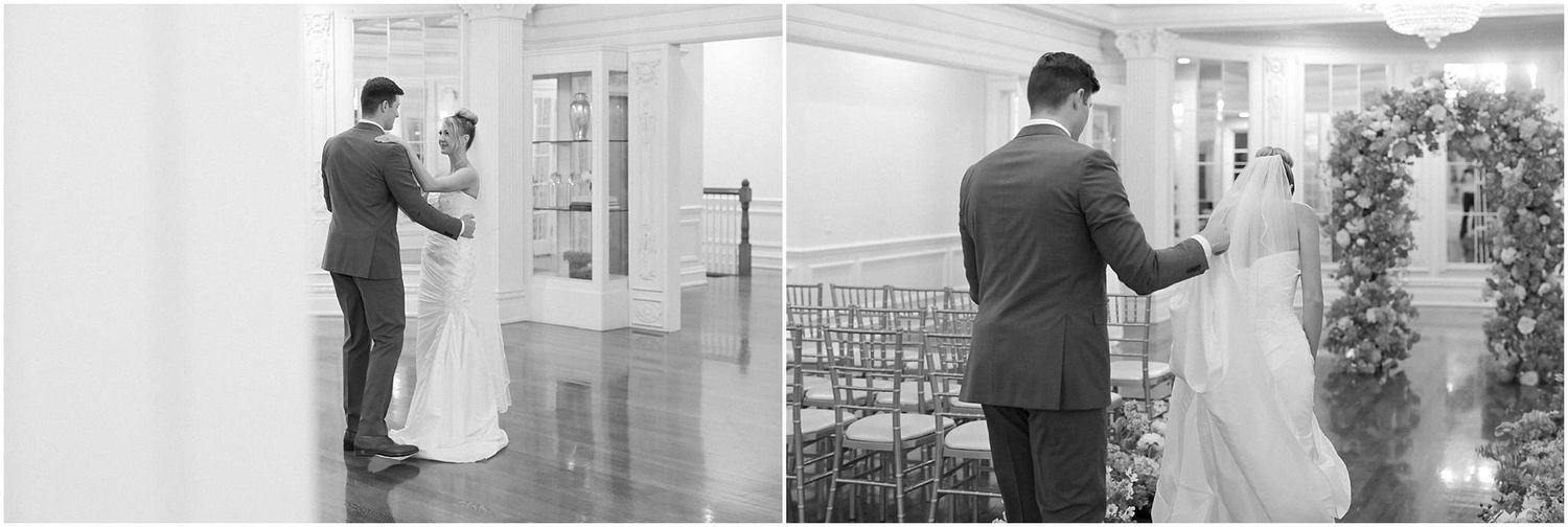 Black and white photos of wedding couple in empty ballroom with floral arch visible.