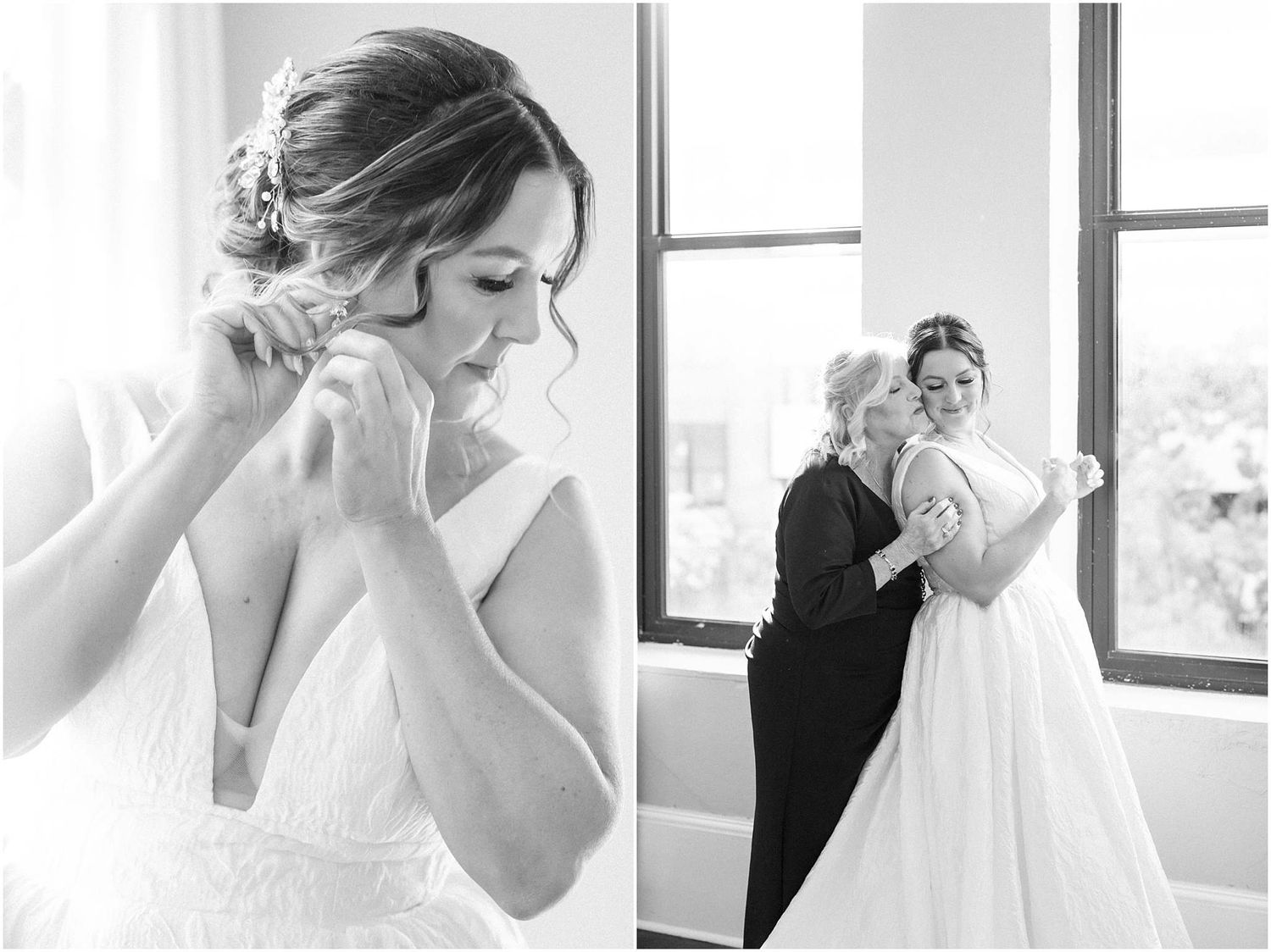 A series of emotional first look moments in black and white showing a bride getting ready for her wedding day.