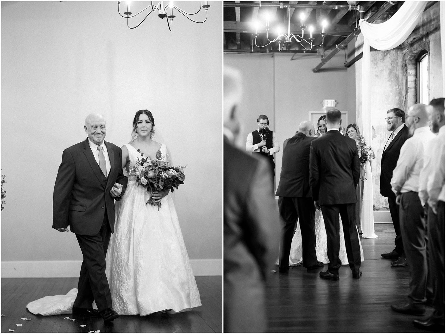 Black and white photos capturing moments during a formal indoor wedding celebration.