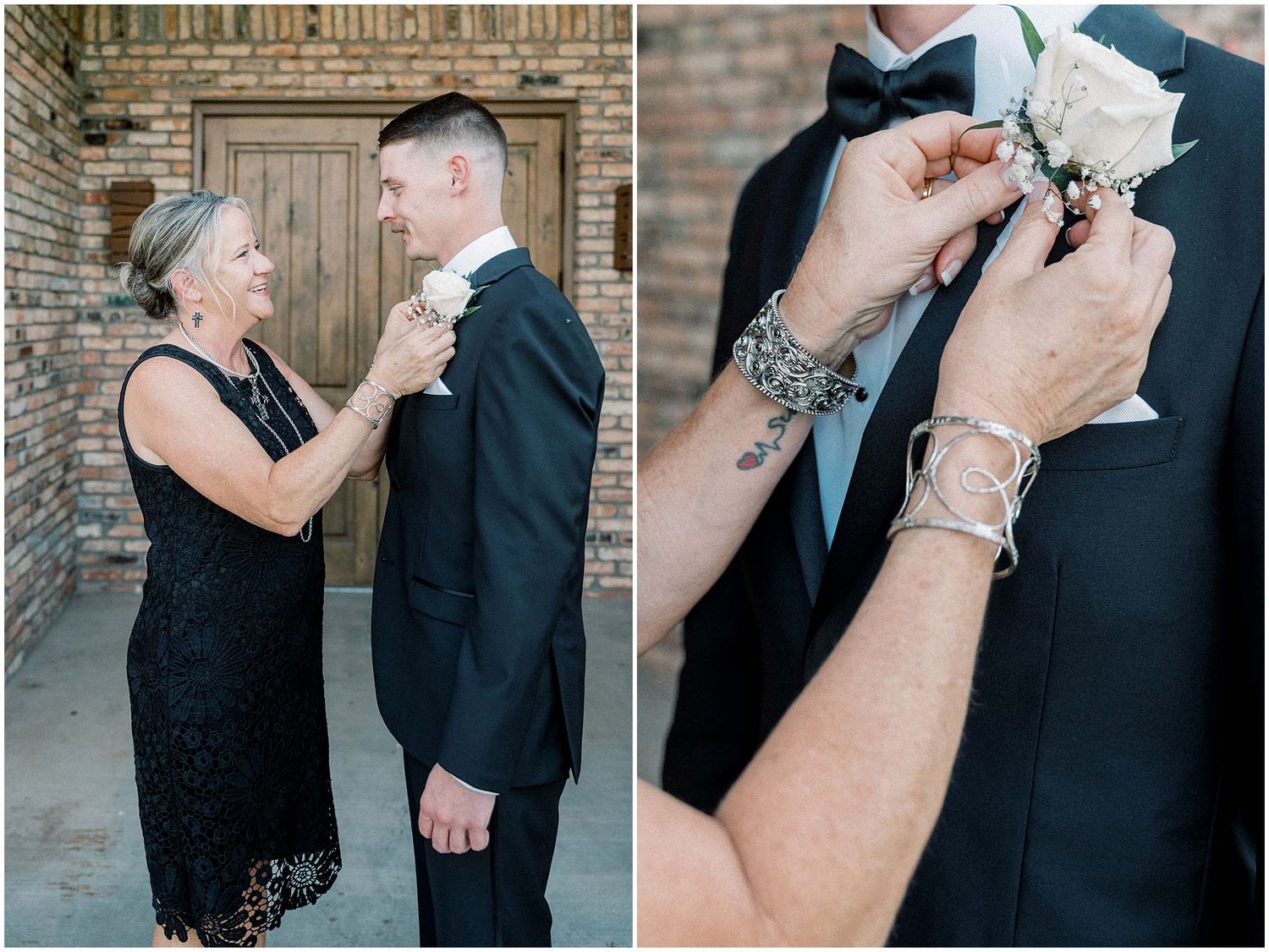Close-up shots of boutonniere pinning during wedding preparations.