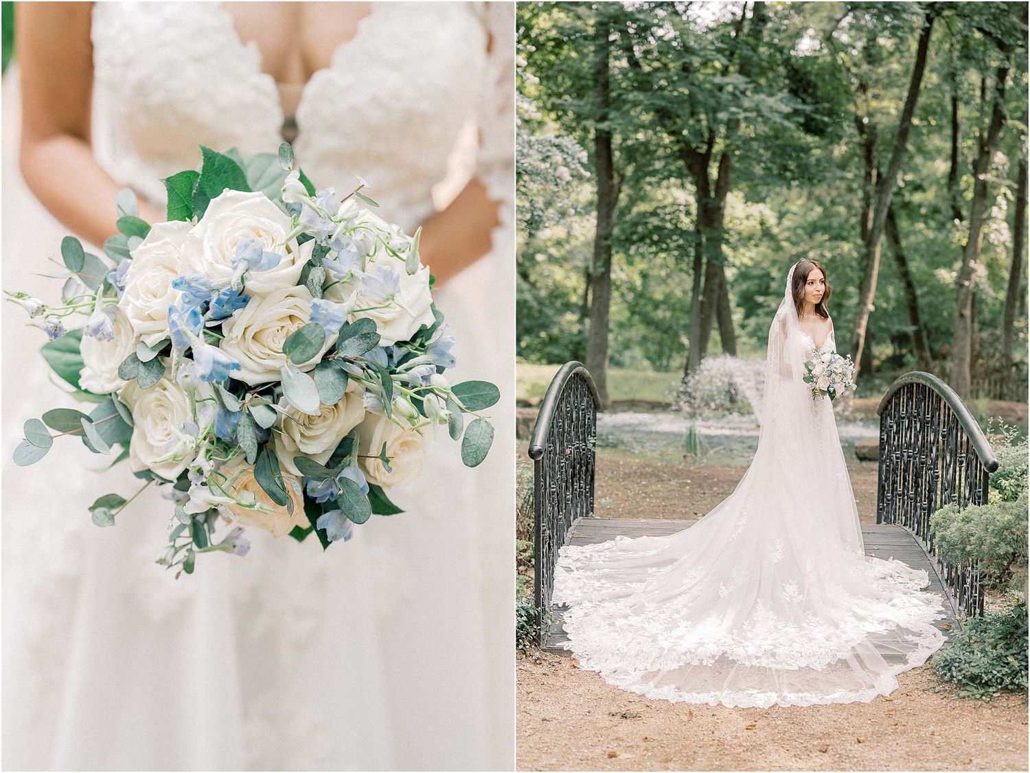 Elegant bridal bouquet featuring white and blue flowers with eucalyptus leaves.