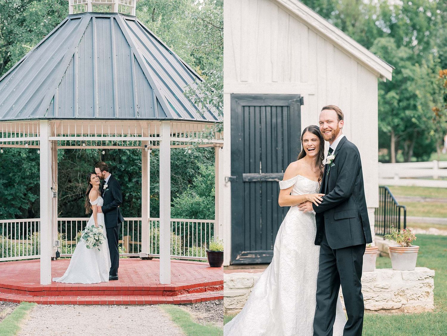 Elegant wedding photos taken at gazebo venue with rustic barn in background.