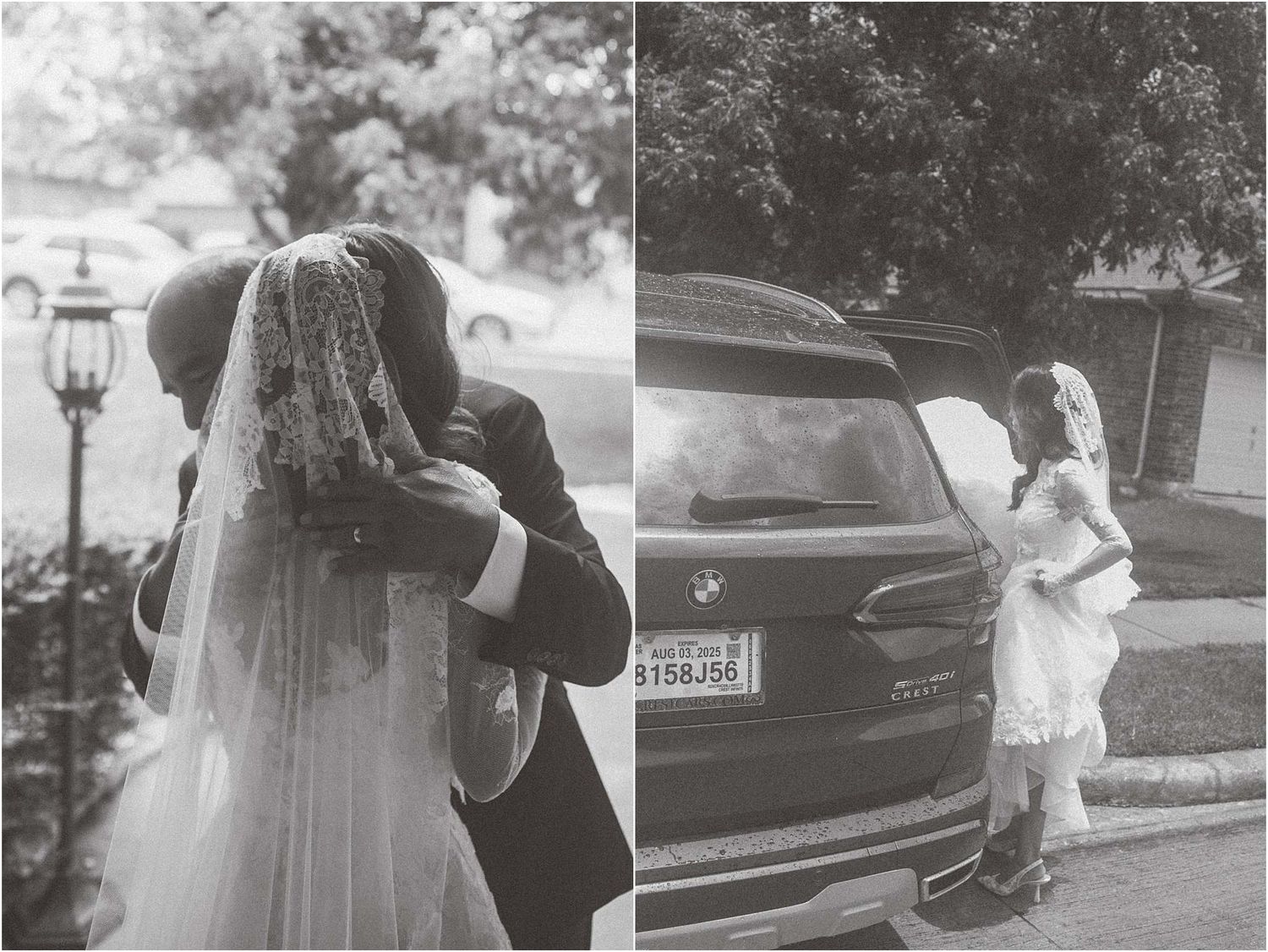 Classic black and white wedding moments captured with vintage car.