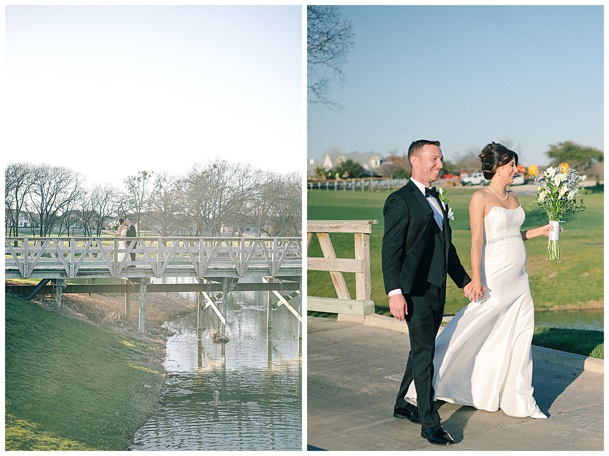 Wedding couple explores outdoor venue with stone walls and water features.
