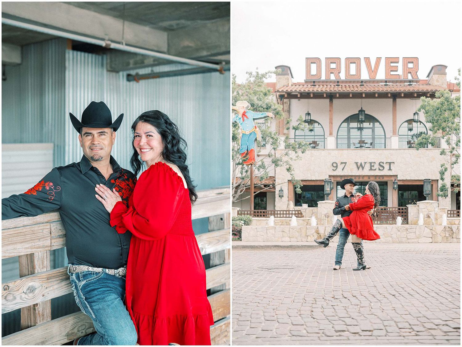 A couple poses in front of a western-themed building with 'Denver' signage.