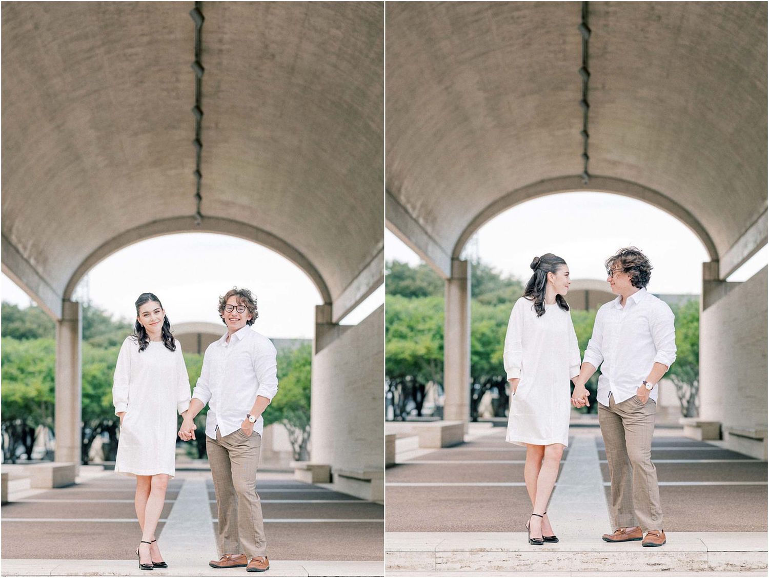 Modern engagement photo series captured under architectural concrete arches and columns.