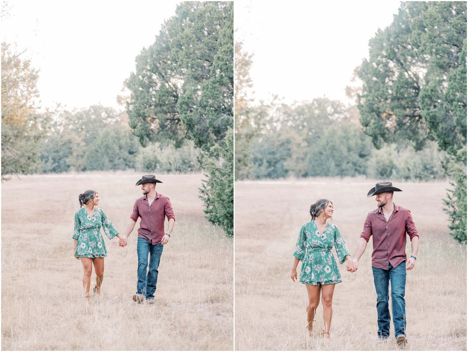 Two people stroll through a natural outdoor setting with trees in the background.