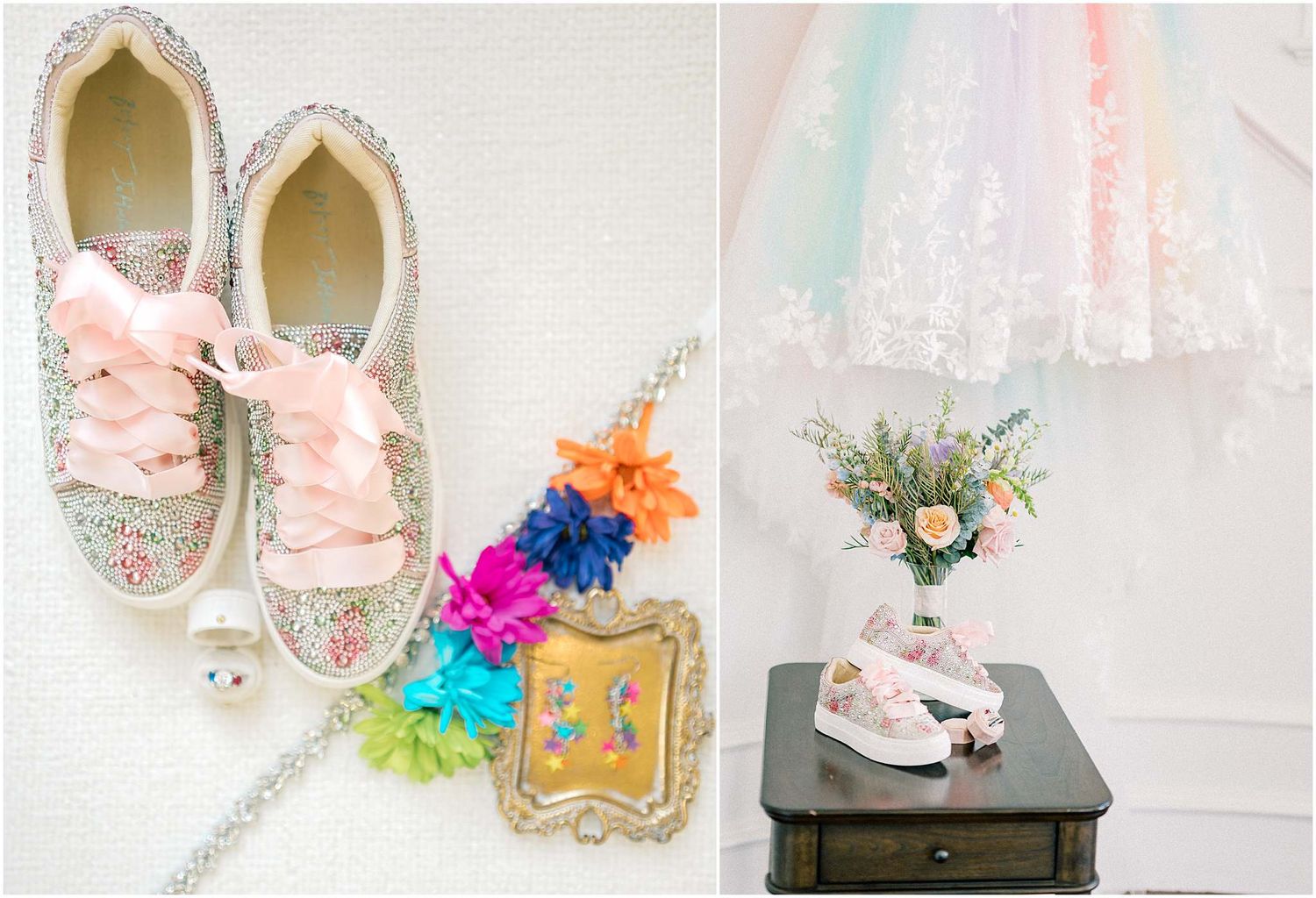 Vintage-style mirrors and colorful wedding accessories arranged for detail photography.