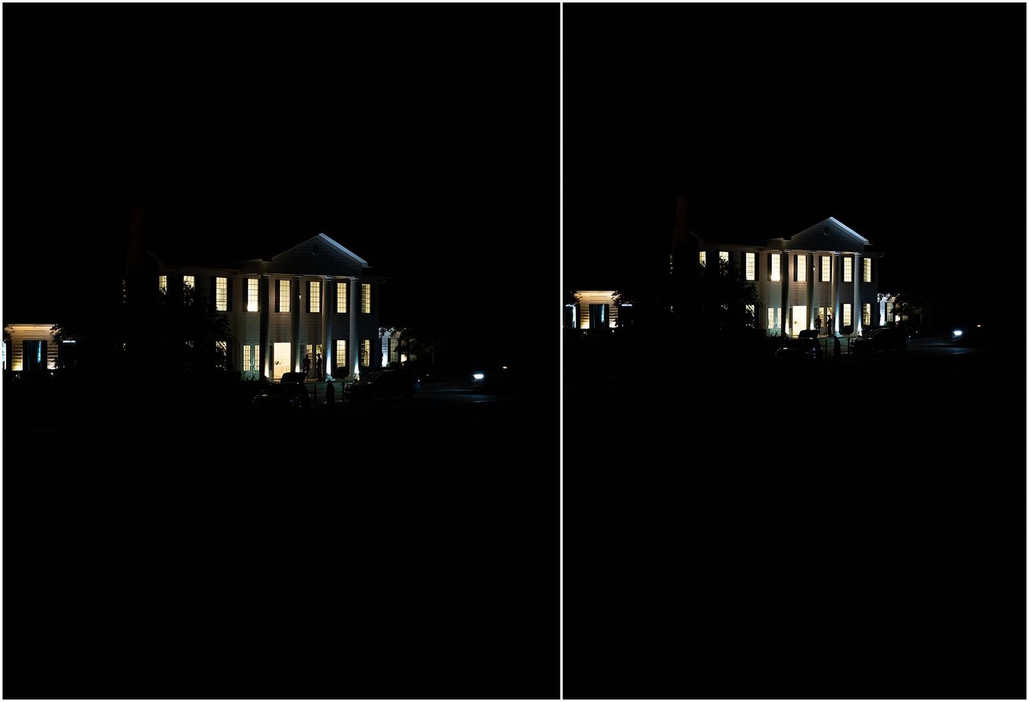 Nighttime exterior shots showing the silhouette of a grand building with illuminated windows.