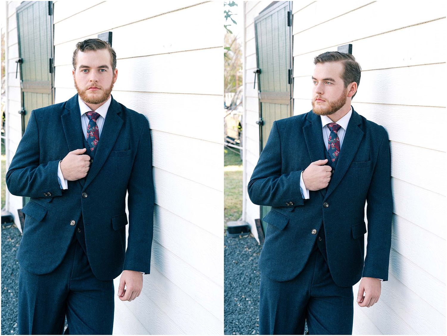 Men in navy suits pose against a white wall in a sequence of casual portrait shots.