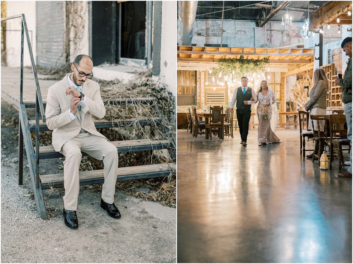 Wedding party dancing and celebrating in a rustic indoor venue with string lights overhead.