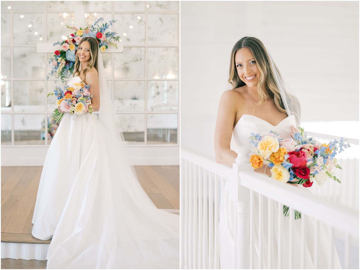 Bride in strapless white gown holding vibrant colorful bouquet, posing in elegant bright venue with mirror walls.