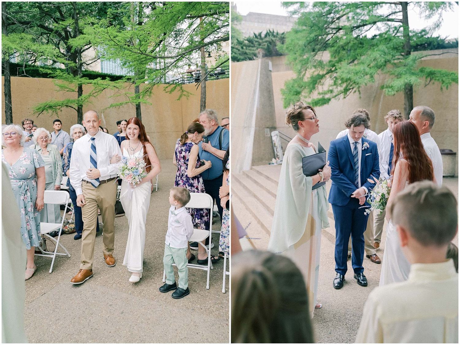 Wedding ceremony guests gathered outdoors under trees with the couple exchanging vows.