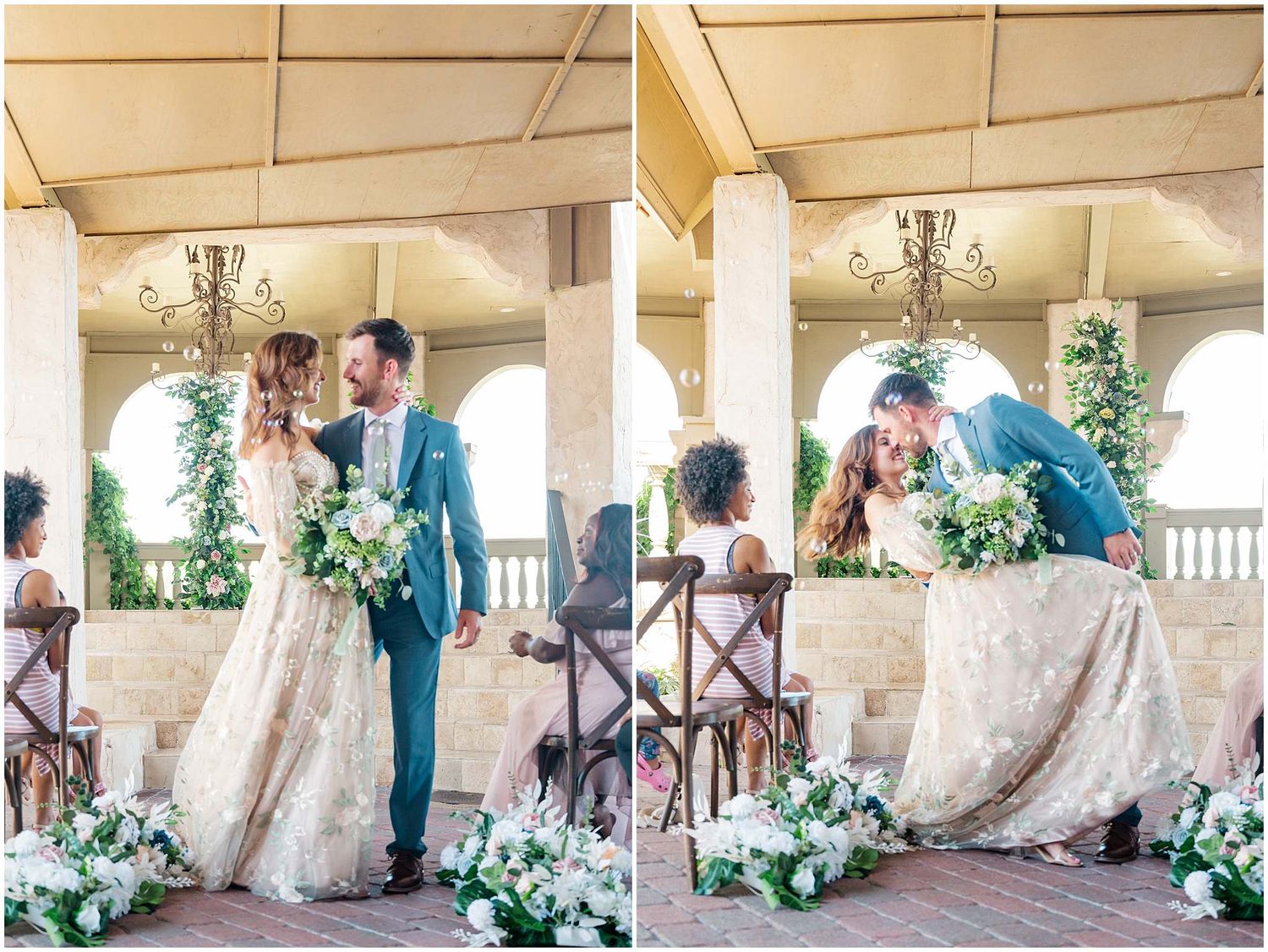 Elegant wedding ceremony captured in a sequence of photos under a white covered patio with floral arrangements.