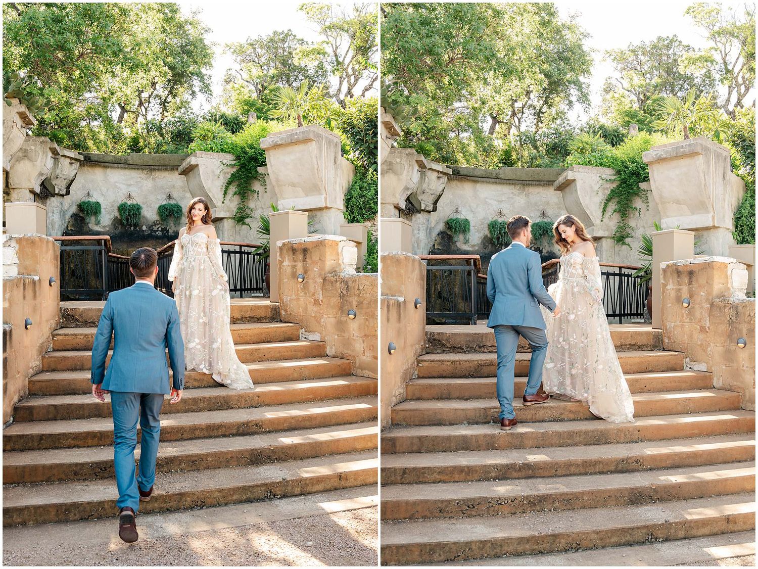 Wedding photography series on stone steps with elegant architectural details.