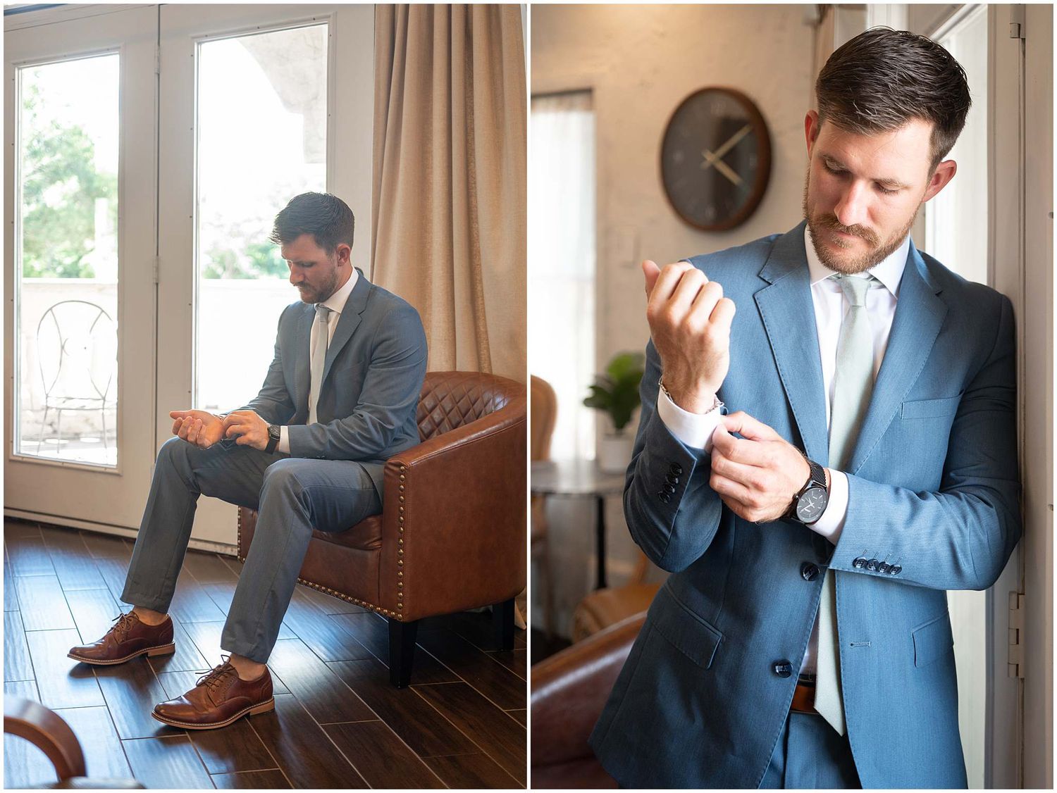 A series of photos showing brown leather dress shoes being put on and laced up while wearing a blue suit.