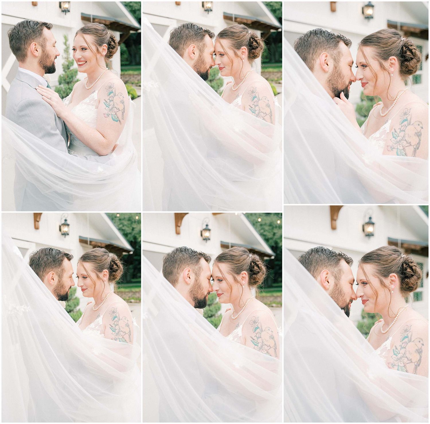 A romantic wedding photo collage showing tender moments between a couple in an outdoor garden setting.