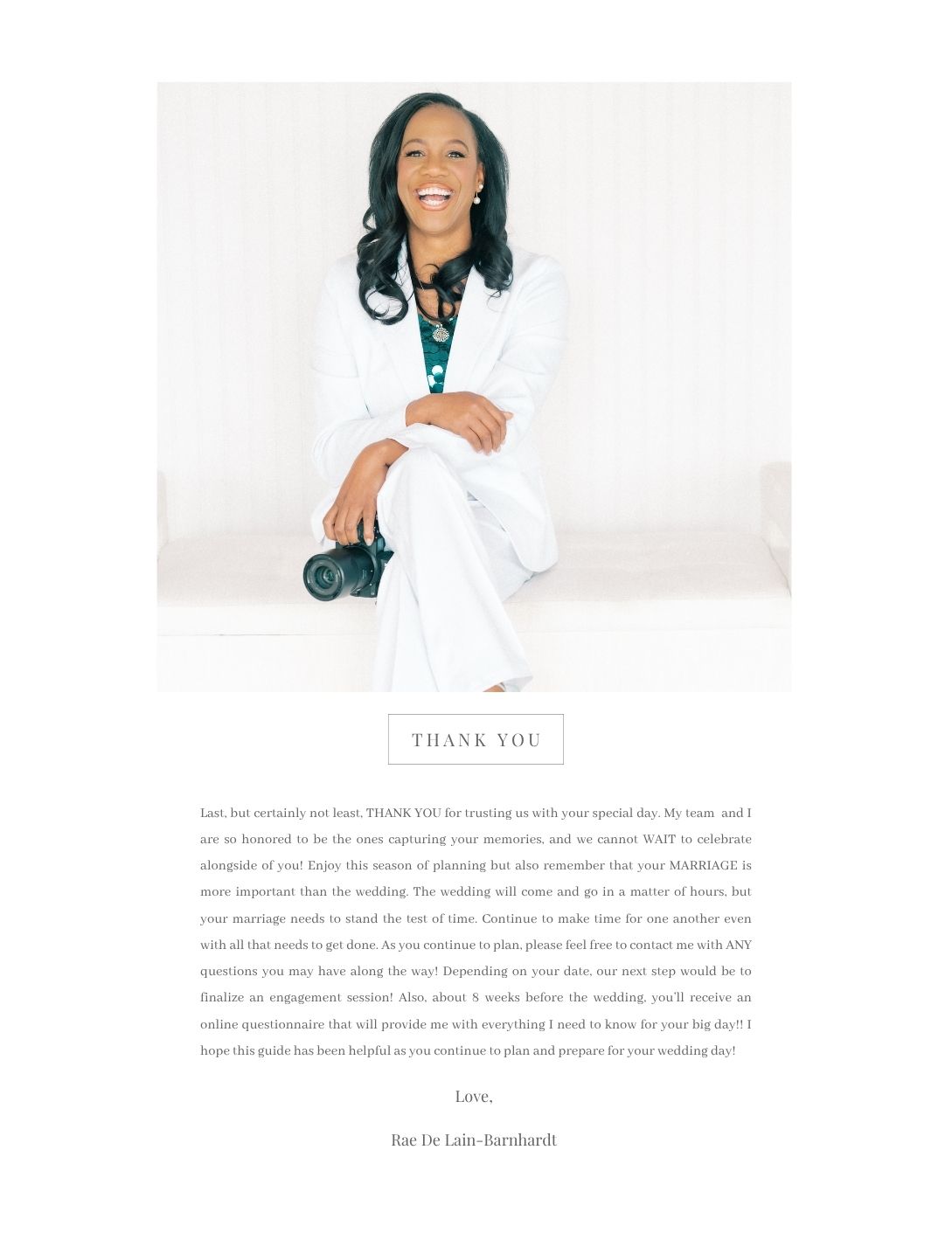 Professional wedding photographer in white suit posing with camera beside thank you card and business bio text.