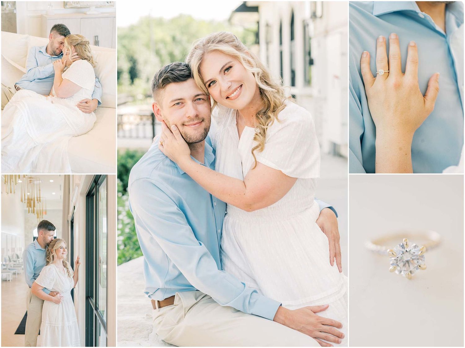 Romantic engagement photo collage featuring a couple in soft blue and white outfits with a close-up of a solitaire diamond ring.